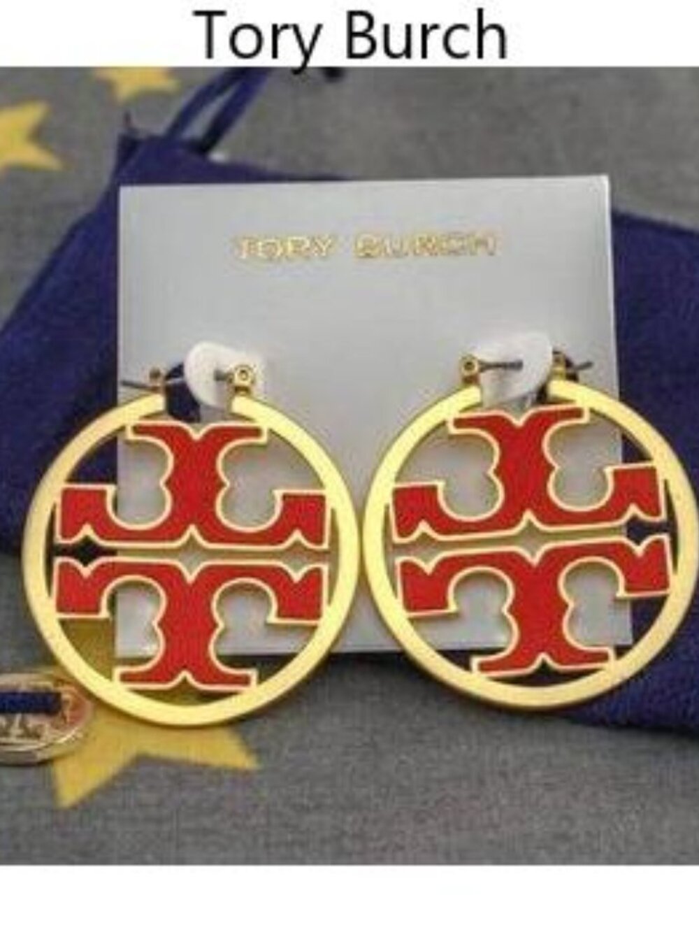 NEW Tory Burch Inlay Leather Miller Hoop Statement Earrings in Gold/Red Leather